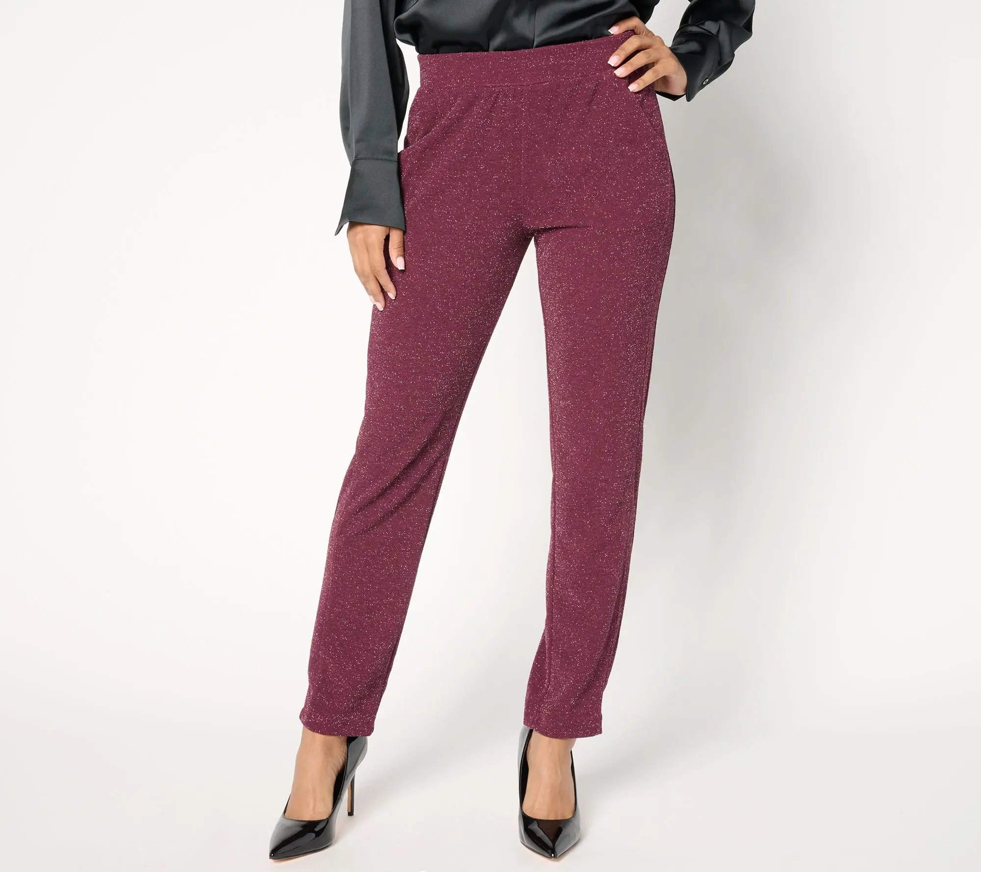 Isaac Mizrahi Live! Regular Sparkle Pebble Crepe Slim Straight Pants
