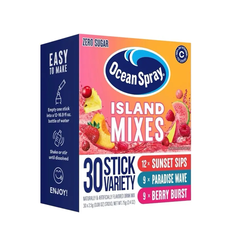 Ocean Spray Island Mixes Zero Sugar Variety Pack 30 Sticks- Sunset Sip, Paradise Wavy, & Berry Burst