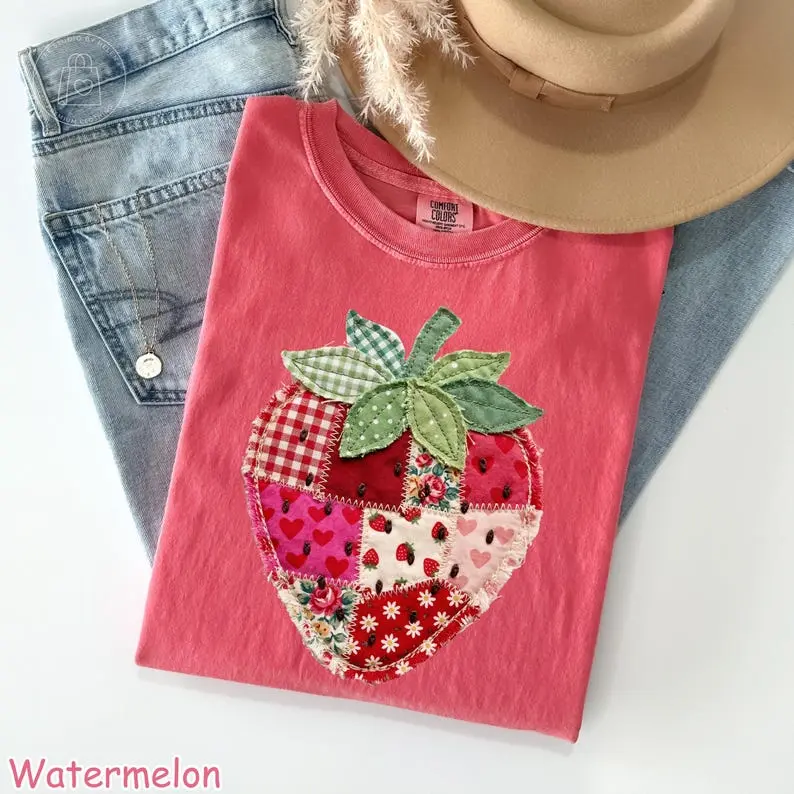 Comfort Colors Strawberry PRINTED Shirt – Quilted Farmhouse Berry Tee, Rustic Gingham Floral Cottagecore Vintage T-Shirt