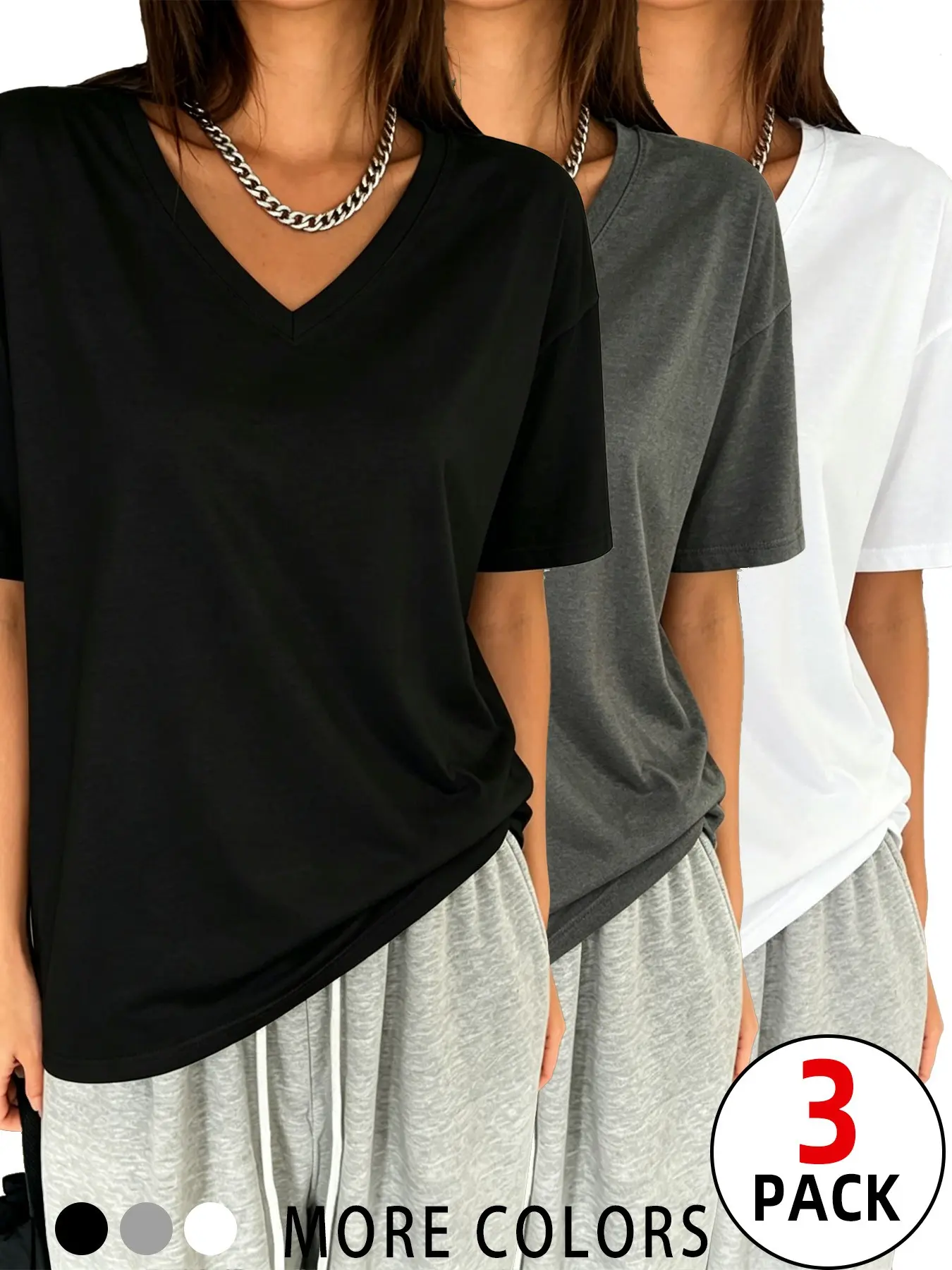 2026 Viral TikTok 3-Pack Women’s V-Neck T-Shirts, Casual Short Sleeve Basic Tees, Loose Fit Breathable Cotton Tops, Multi-ColorSolid Color, Soft Stretchy, Summer Casual Wear, Daily Outfits, Street Style, Office, Home, School, Fashion Simple Tee Shirts