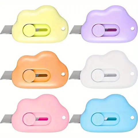 6pcs Compact Cloud Mini Box Cutters - 5.6 x 3.5 cm Acrylonitrile Butadiene Styrene (ABS) Shell, 0.017 Inches Stainless Steel Blade, Adorable Design, Safety Lock, Keychain Hole, Portable Home Office Cutting Supplies for Letters, Shipping Boxes