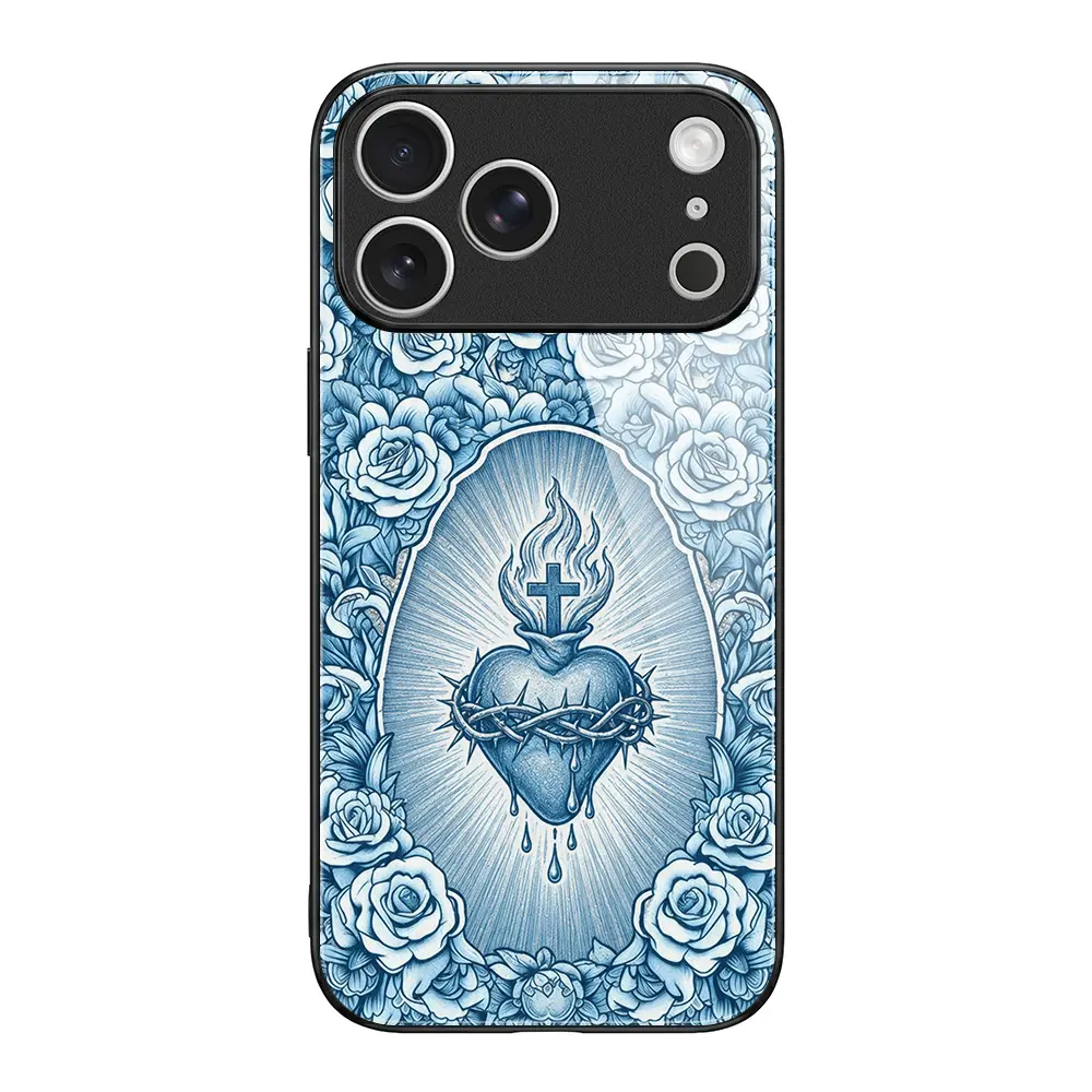 Blue Sacred Heart Case for iPhone 17 Pro Max 16 Pro Max 15 Plus 14 13 12 11 Samsung S26 S25 S24 S23 S22 S21 A56 A55 A54 F14 Premium Fashion Design Lens Protection Wear-Resistant Shock Absorbing Straight Edge Pollution Prevention
