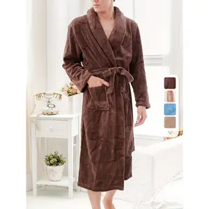 One-pieceMen'sComfySolidFleeceRobewithPocket,LaceUpKimonoNight-robe,WarmSetsforAfterBathHomePajamasWear
