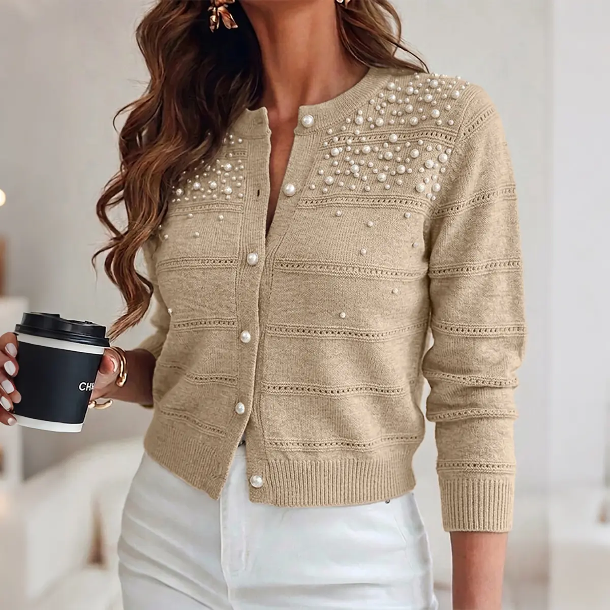 CHICME Women's Pearl Beaded Knit Cardigan Elegant Hollow Out Crop Sweater Casual Button Down Coat