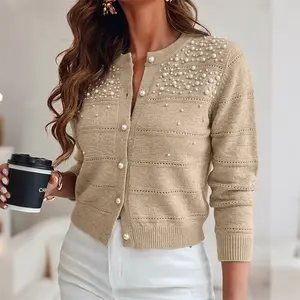 CHICME Women's Pearl Beaded Knit Cardigan Elegant Hollow Out Crop Sweater Casual Button Down Coat