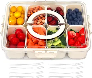 Snackle Box Charcuterie Container- Divided Serving Tray with Lid and Handle- Clear Plastic Portable Snack Box with 8 Compartment for Fruit, Veggie