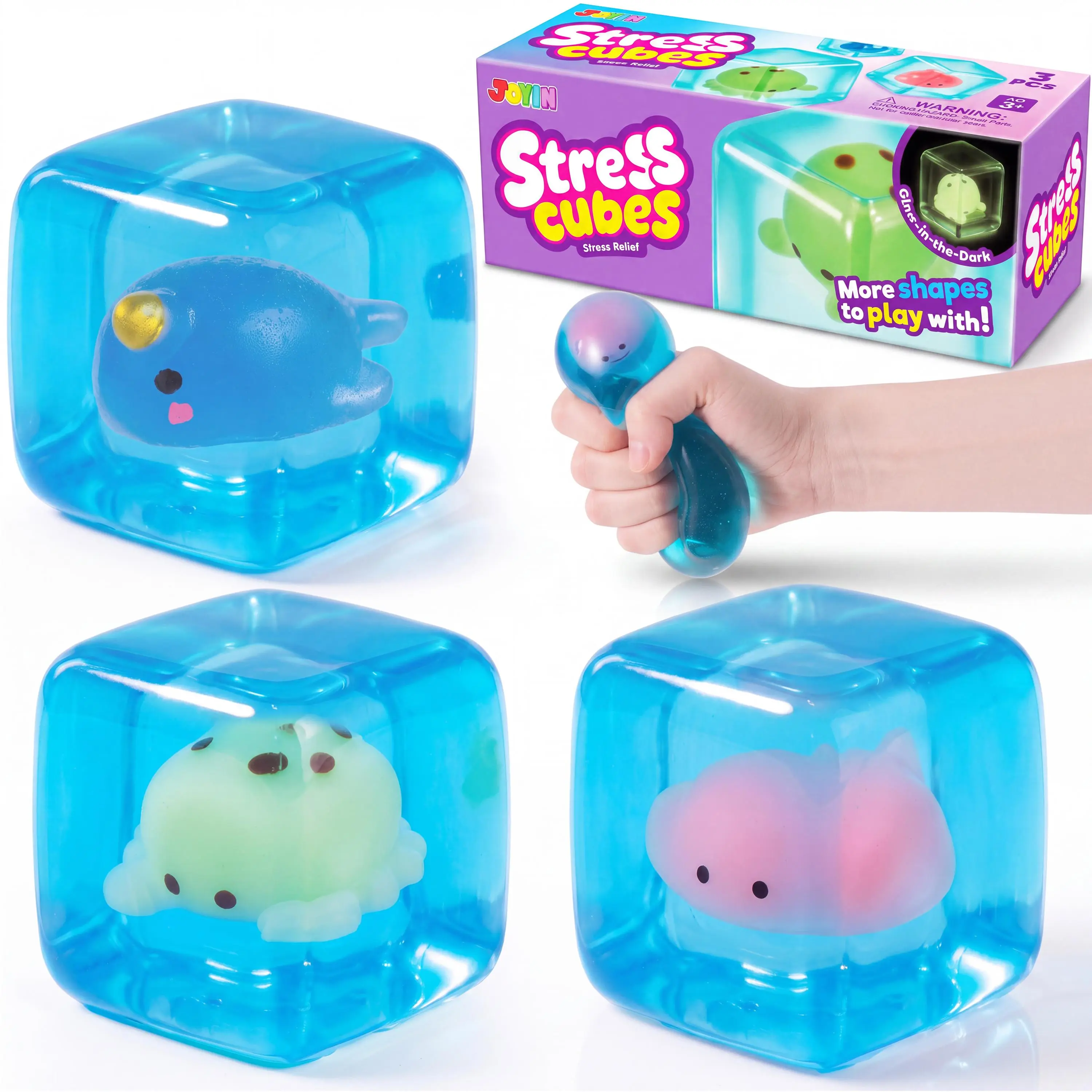 JOYIN 3PCS Glow-in-the-Dark Cube Stress Relief Toys, Glow in The Dark Sensory Toys, Slow Rising Squishy Fidget Sensory Toy, Soft Squeeze Decompression Dough Gift for Adults and Girls Boys, Birthday Gifts, Office Desk Decompression Toy, Party Favors