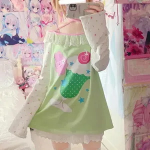 Sweet Kawaii Cartoon Print Women T-shirt Loose Casual E-girl Contrast Color Cute Graphic Tee Japanese Y2k Aesthetic Tshirts Tops