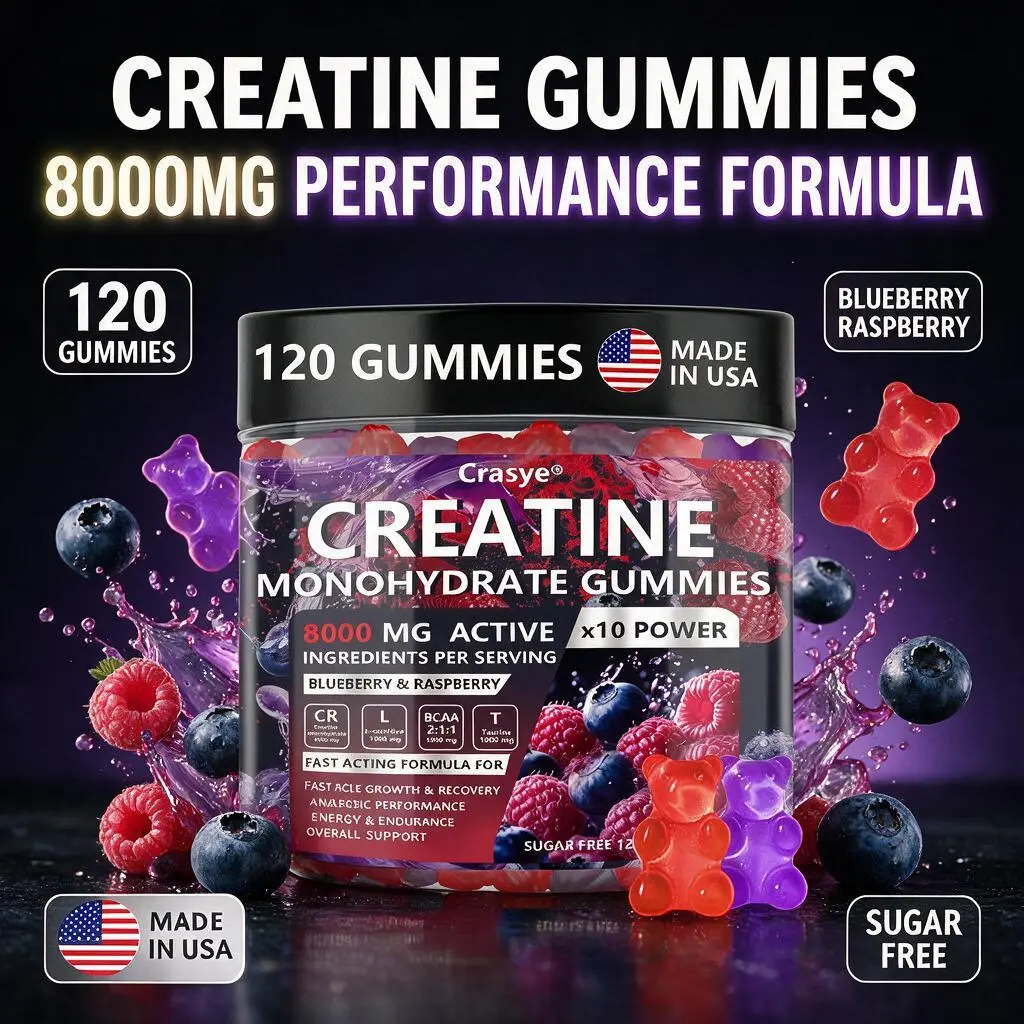 CRASYE Chewable Creatine Gummies - 8000mg Blueberry Raspberry Flavor, 120-Count, Sugar-Free, Gluten-Free Nutrition Supplement, USA-Made with Essential Aminos for Youth, Lean Muscle Lifestyle & Body Goals