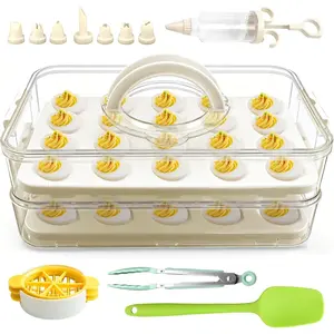 Deviled Egg Containers with Lid & Handle (2 Layer Snap-on) PET Thickened Eggs Holder Inc Egg Slicer Kitchen Tongs Silicone Spatula and Piping Decorating Kit,for Festival Party Brunch
