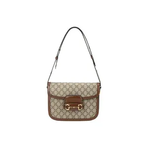 Pre-owned GUCCI canvas Shoulder Bags Horsebit 1955 Medium Shoulder Bag in Beige and Ebony GG Supreme Spliced Leather Saddle Bag