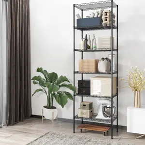 6-Tier Metal Wire Shelving Unit, Standing Storage Rack with Side Hooks, Home Organizer for Kitchen Pantry Living Room Bathroom, Movable Shelf with Large Space, Black/Silver Outdoorfun