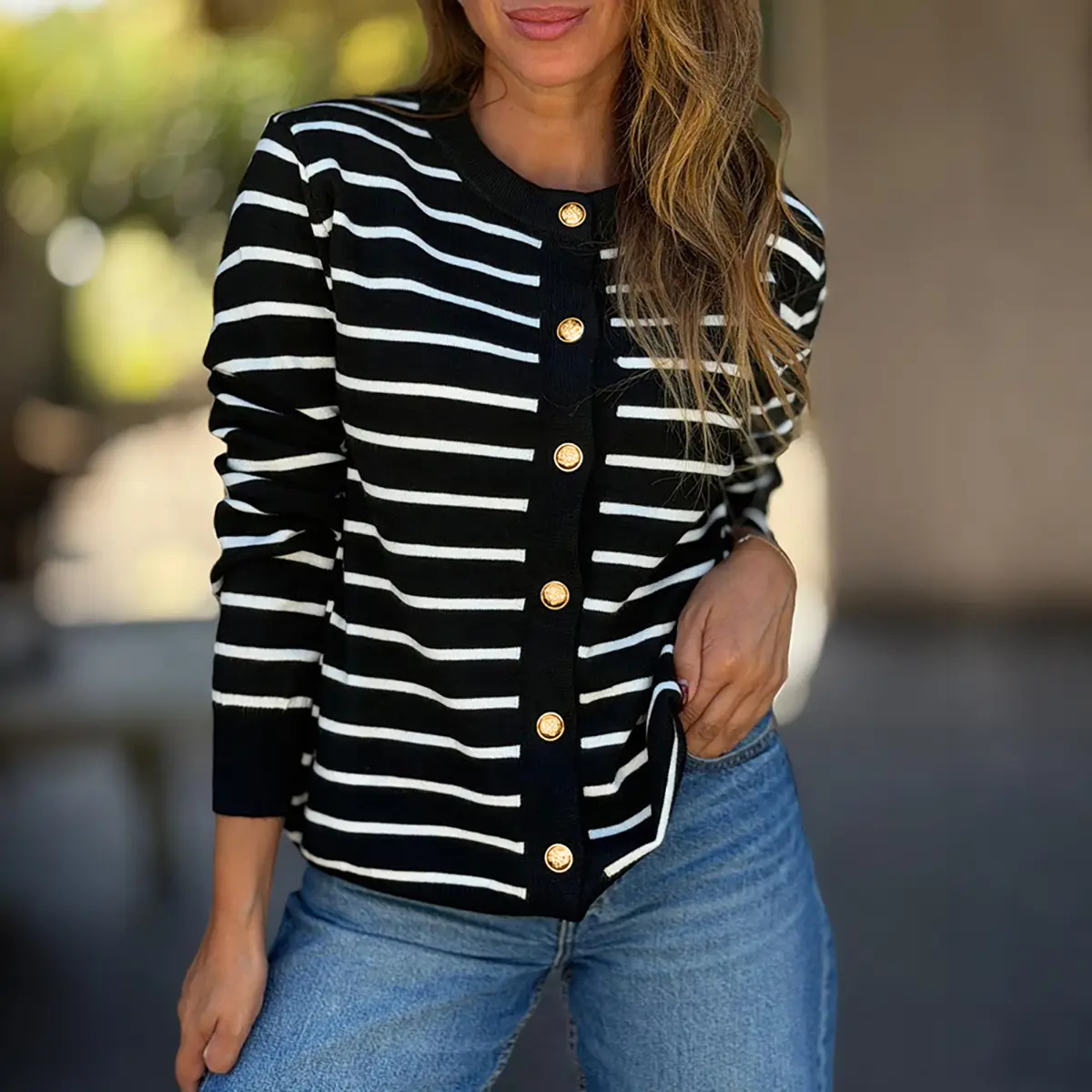 CHICME Women's Striped Knit Cardigan Casual Crewneck Button Down Sweater Vintage French Style Long Sleeve Top