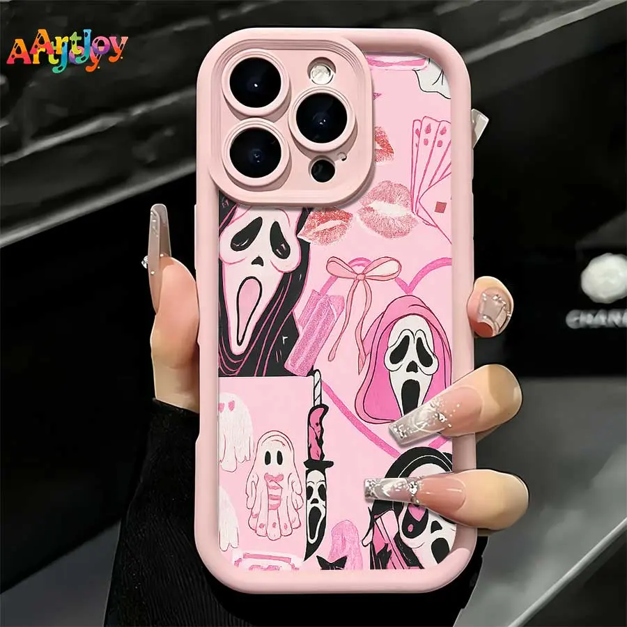Shockproof HD Printed Phone Case for iPhone Series (17 Pro Max,16,16 Plus,15,14,13,12) - Pink Lens Frame, Sweet-Edgy Halloween Collage with Scream Ghostface, Lip Prints, Bows, Hearts - Ideal Holiday Gift Shell
