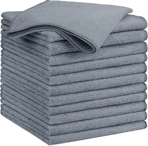 Pack of 12 Pcs - Microfiber Cleaning Cloth, Cleaning Towels for Kitchen, Lint Free, Scratch-Free, Highly Absorbent, and Reusable Cleaning Rags for House, Window and Glass, Cars, 14"X12", Grey