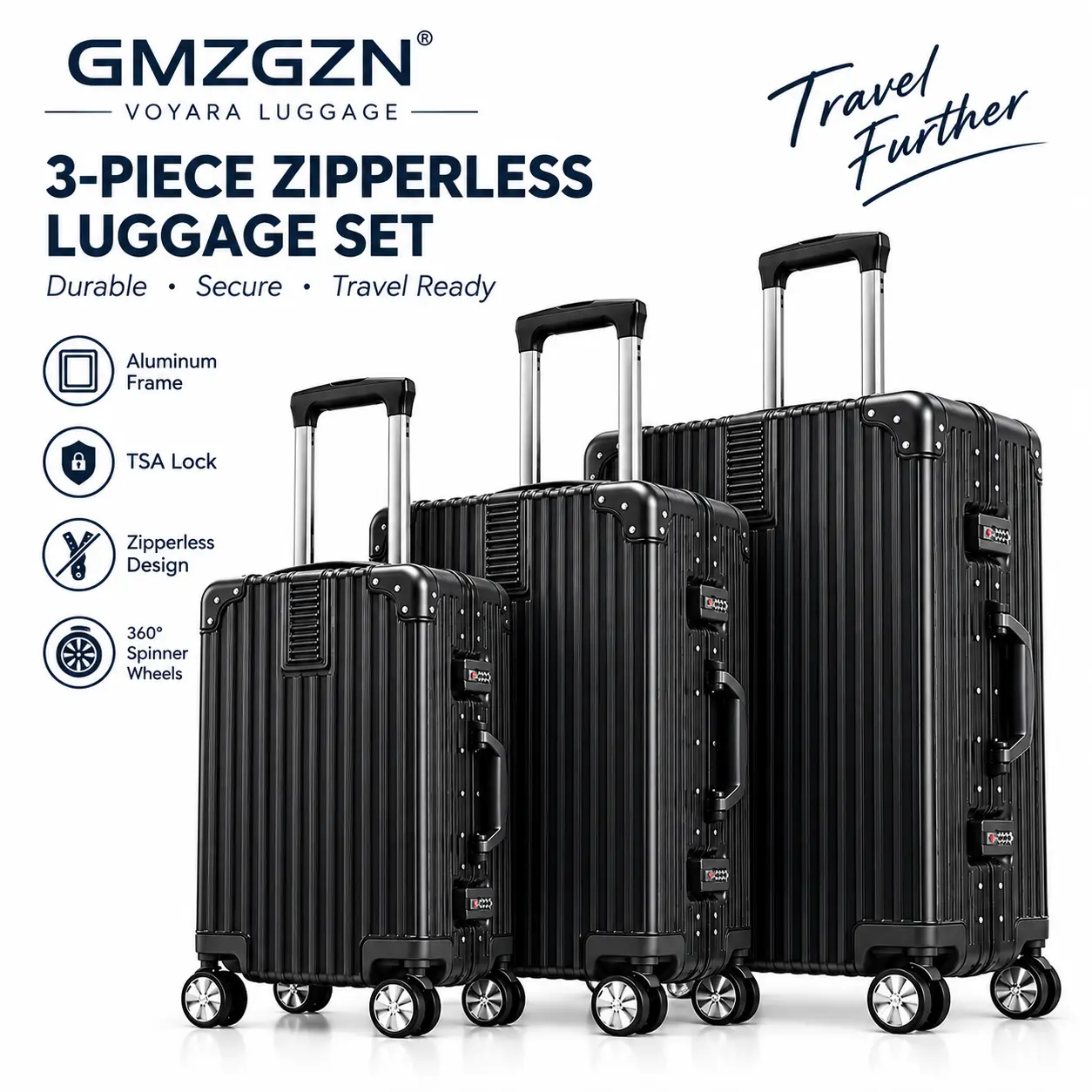 GMZGZN 3-Piece Zipperless Luggage Set, Aluminum Frame PC Hardshell Suitcases with TSA Lock, 20/24/28 Inch Spinner Wheels