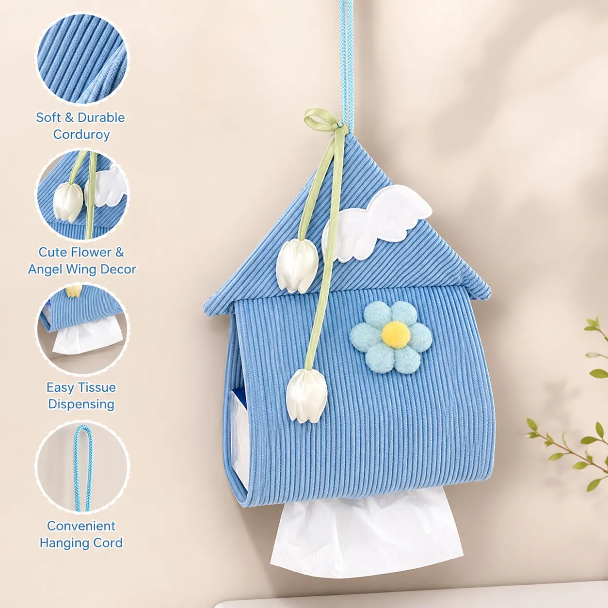 1 Count, Hanging House Shaped Tissue Bag, Corduroy Fabric with Floral Decoration, for Home Wall Cabinet Daily Tissue Storage