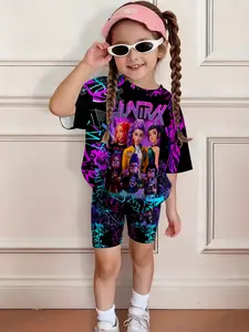 Girls' Graffiti Print Crop Top & Elastic Shorts Set, Casual Short Sleeve, Natural Waist, All over Print, H-Type Silhouette, Casual Outfit Set, Fashion Clothes Set, Summer Outfits Set
