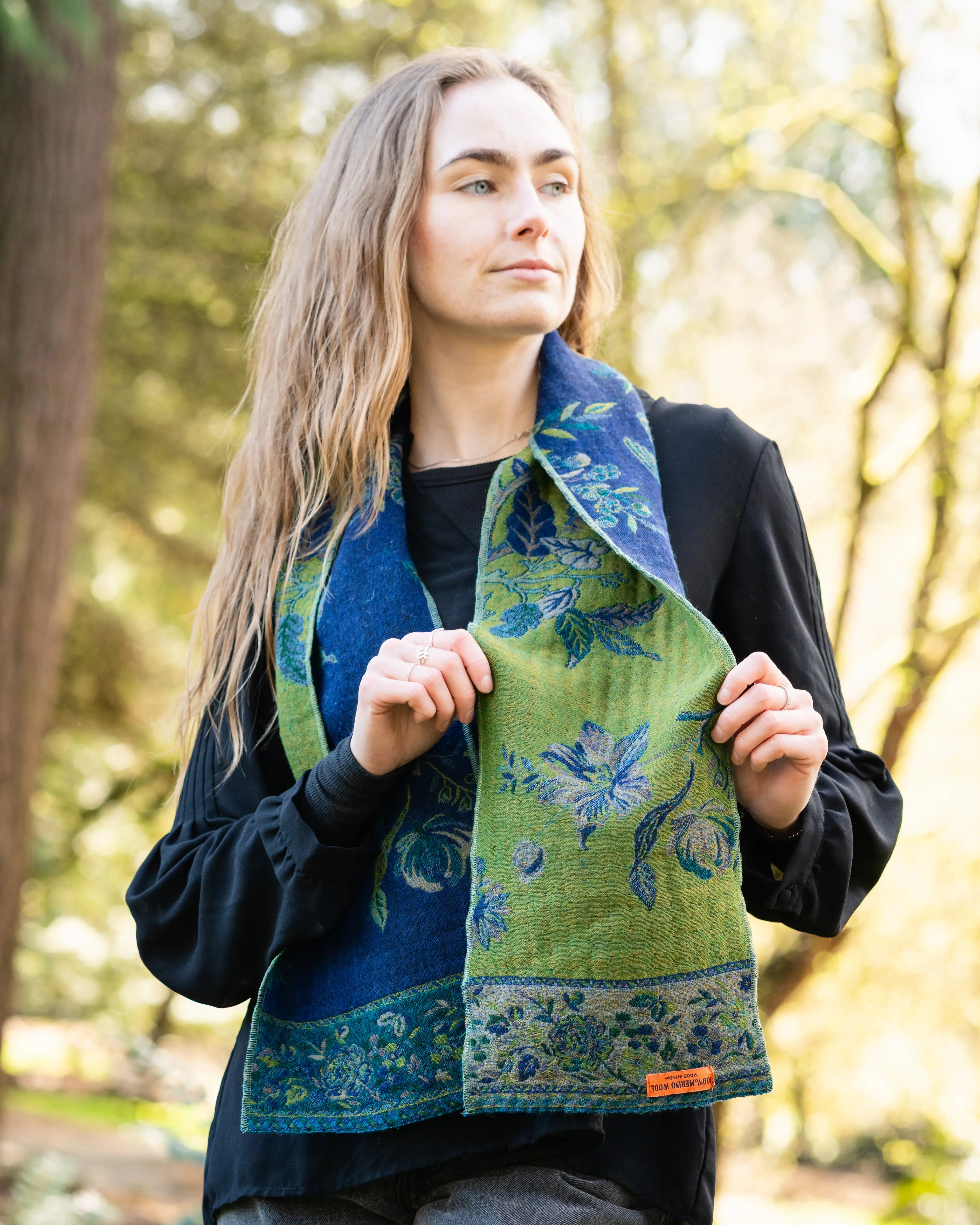 Reversible Boiled Merino Scarf, 60 x 9 inches, Scarf Style with Art-Inspired, Artful Motif Designs (Peacock Forest), Art Inspired Scarves