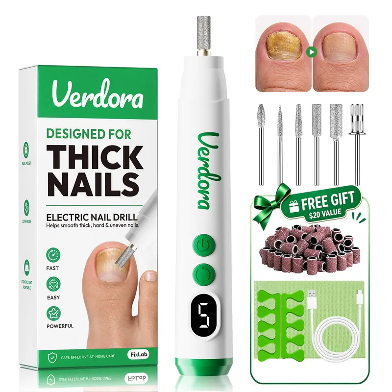 VERDORA Electric Nail Drill for Thick Nails, Cordless Efiles for Fungal Nails, Powerful Grinder with 5 Speeds, Lightweight Nail Care Tool for Nail Repair