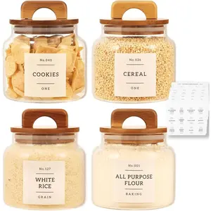 4 Pack Glass Pantry Storage Containers with 132 Pantry Labels - 37 FL OZ Kitchen Glass Canisters with  Airtight  - Farmhouse Glass Pantry Jars for Cookie, Rice, Pasta, Cereal, Bath Salt