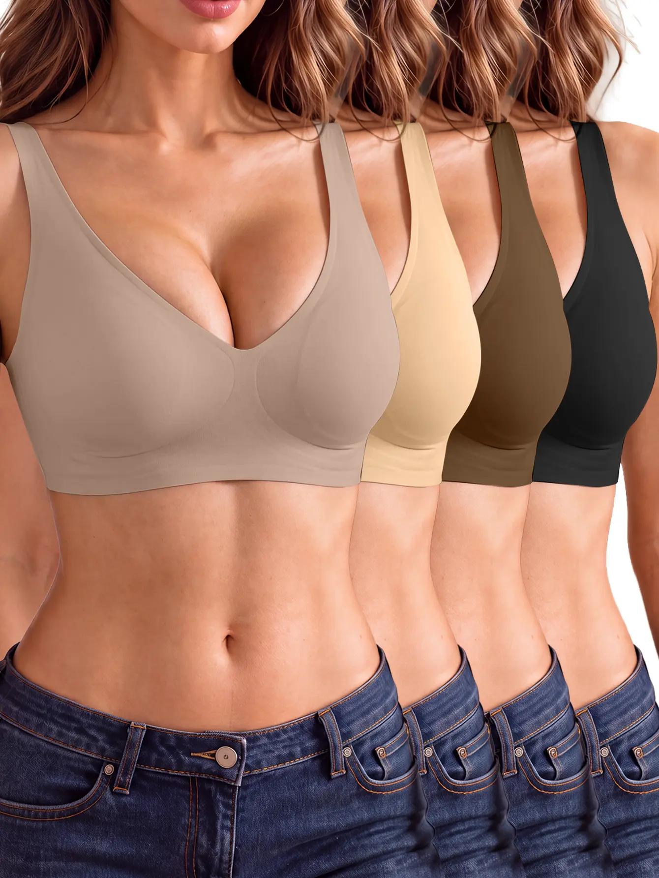 4Pcs Women's Jelly Wireless Bralettes - Basic, Deep V, Breathable Push-Up T-Shirt Bras, Seamless Multiway Everyday Summer Lingerie, Elegant Plain Style Nightwear Gift for Women, Push Up Bras For Women