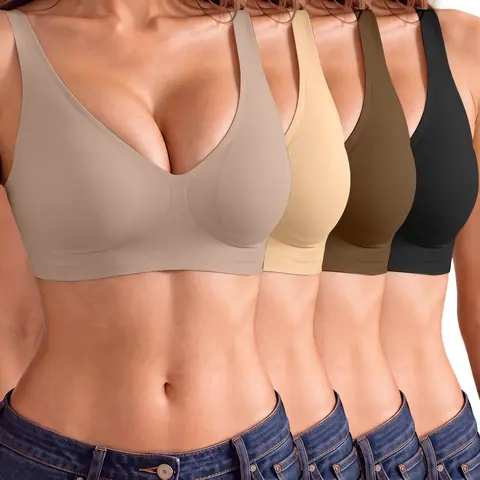 4Pcs Women's Jelly Wireless Bralettes - Basic, Deep V, Breathable Push-Up T-Shirt Bras, Seamless Multiway Everyday Summer Lingerie, Elegant Plain Style Nightwear Gift for Women, Push Up Bras For Women