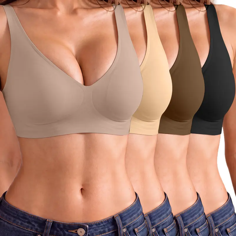 4Pcs Women's Jelly Wireless Bralettes - Basic, Deep V, Breathable Push-Up T-Shirt Bras, Seamless Multiway Everyday Summer Lingerie, Elegant Plain Style Nightwear Gift for Women, Push Up Bras For Women