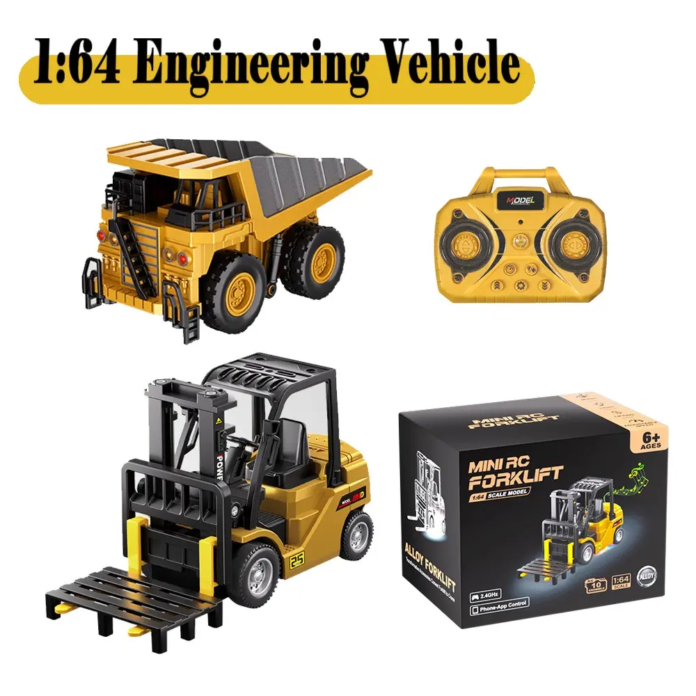 Alloy Remote Control Engineering Vehicle 1:64 Mini Desktop Crane Forklift Two-In-One, Rc Controlled RC Construction Vehicles, RC Toy with Lights and Sounds, APP Connectivity, Remote Control Forklifts for Kids Birthday Gifts