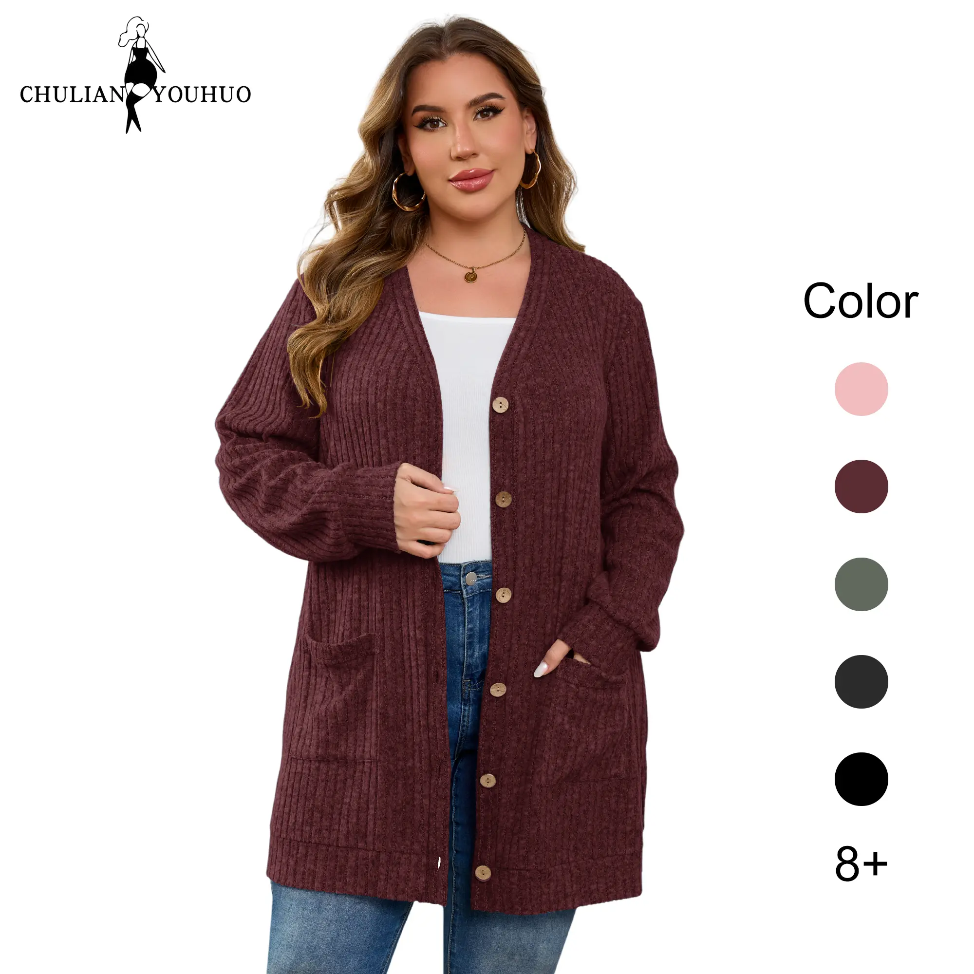 Chulianyouhuo Women's Plus Size Cardigan, Long Open Front Feminine Knitwear with Lantern Sleeves, Pockets and Side Slits, Jeans, Fits, Fabric, Breathable, Tops, Button, Casual, Comfortable