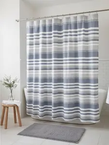 Serafina Home Modern Coastal Stripe Shower Curtain, Blue, White and Gray Cotton Fabric, 72 x 72 Inches, Luxury Bathroom Décor