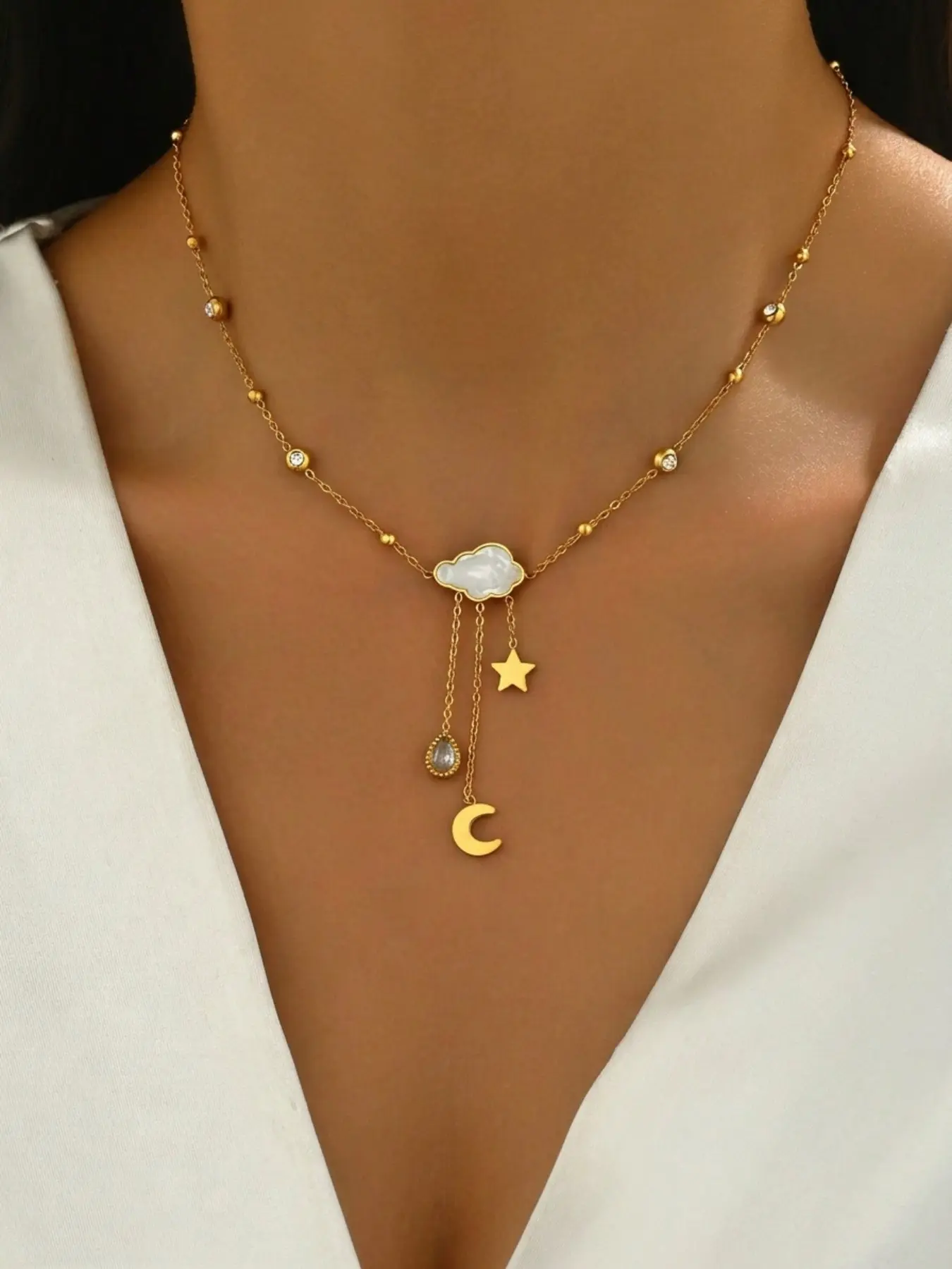 Style Star Moon Cloud Fringe Necklace, Gentle Sweet Girl Clavicle Chain, Mother-Of-Pearl Cloud + Star Moon Pendant, Office Streetwear Accessory, Geometric Pendant Necklace, Elegant Necklace, Daily Versatile Chain