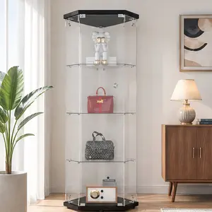 ARCH Glass Display Cabinet with 4 Shelves, Pentagon Curio Cabinet for Living Room Bedroom Office, Black Floor Standing Glass Bookshelf, Tempered Glass Shelves, Quick Assembly, 63.54H x 23.66W x 13.62D in, Black Color Options, Glass Material