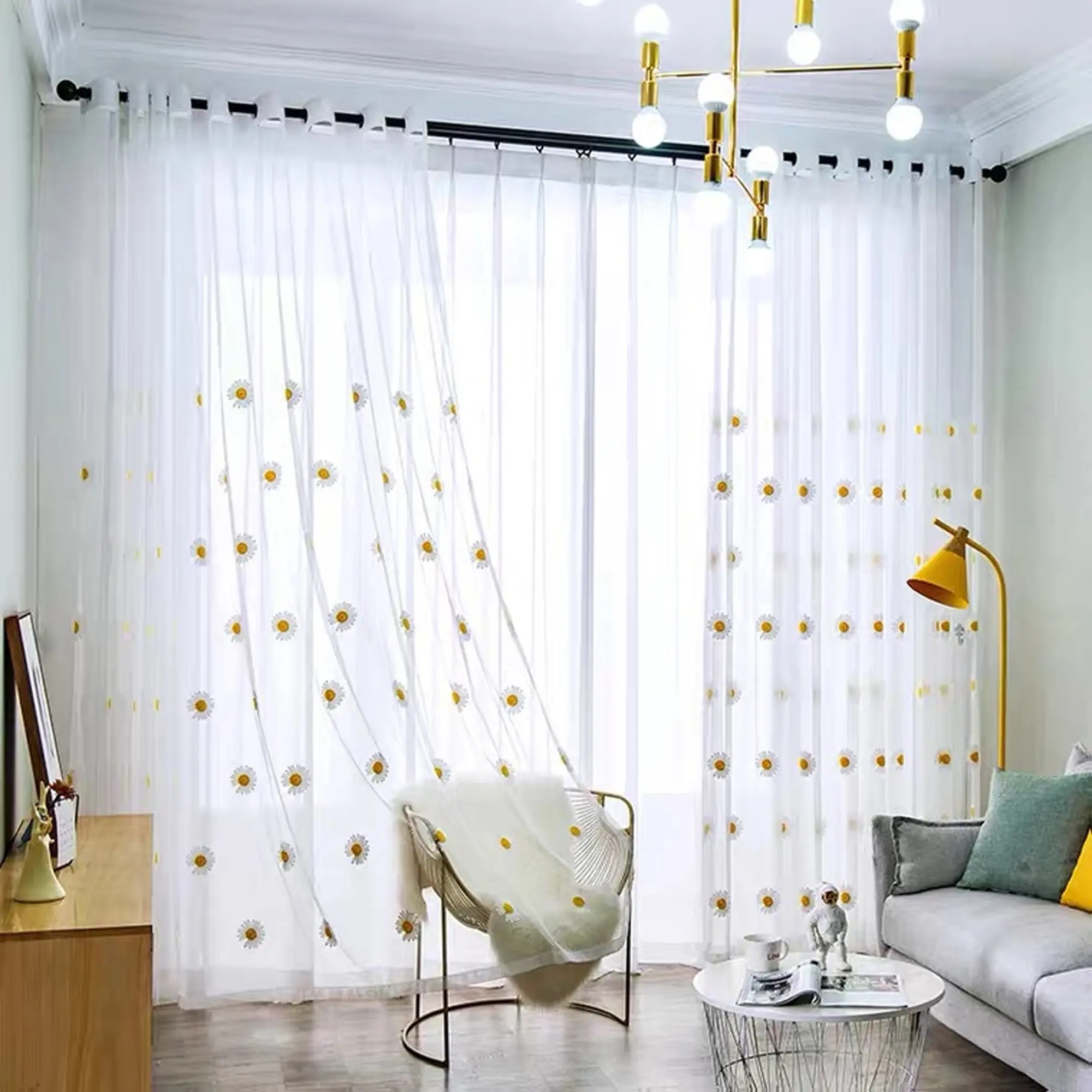 1PC Yellow Daisy Embroidery Window Tulle Curtains For Living Room Kids Bedroom Cute Floral Sheer Voile Window Drapes For Kitchen