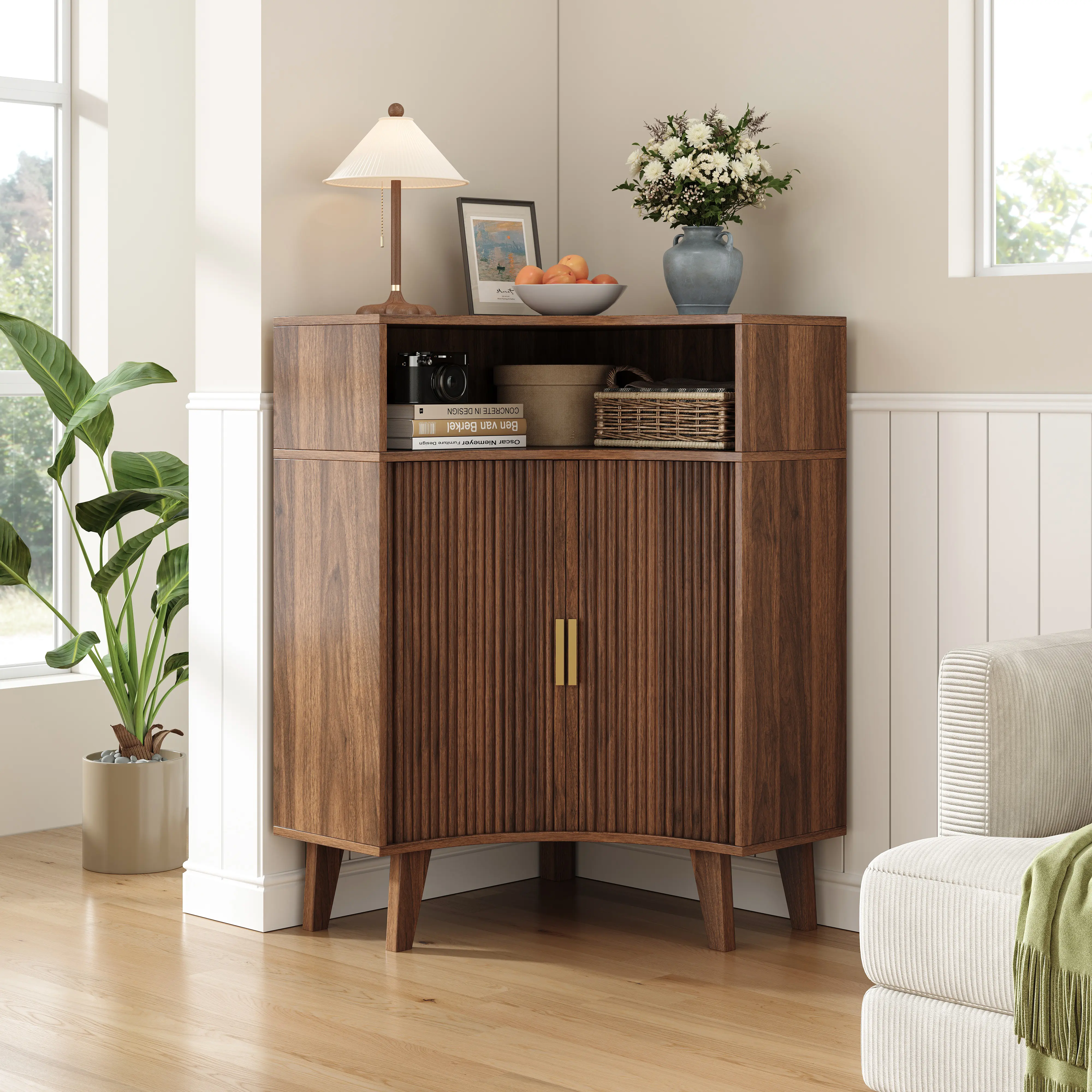 ZXVOIM Corner Cabinet, Fluted Doors Corner Cabinet with Shelve, Sliding 2 Doors Corner Accent Cabinet, Freestanding Corner Organizing for Living Room, Dining Room