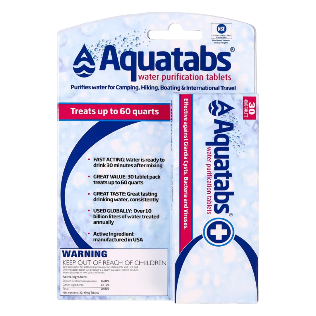 Aquatabs 49mg Water Purification Tablets (30 Pack). Water Filtration System for Hiking, Backpacking, Camping, Emergencies, Survival.