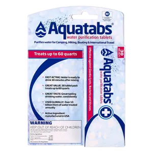 Aquatabs 49mg Water Purification Tablets (30 Pack). Water Filtration System for Hiking, Backpacking, Camping, Emergencies, Survival.
