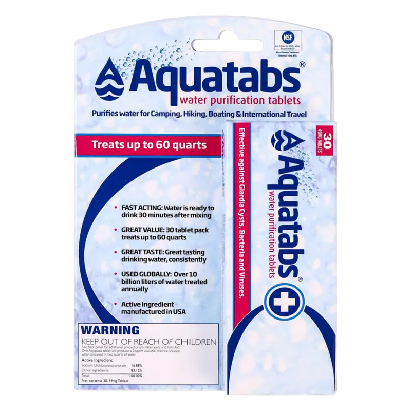Aquatabs 49mg Water Purification Tablets (30 Pack). Water Filtration System for Hiking, Backpacking, Camping, Emergencies, Survival.