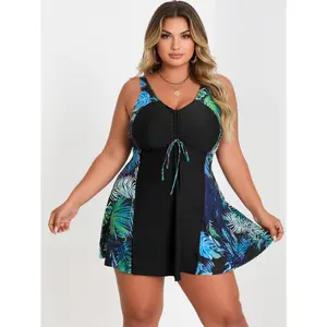 2026 Fashion Plus Size Tropical Print Swimdress | Ruched V-Neck Two Piece Swimsuit with Shorts for Beach Vacation