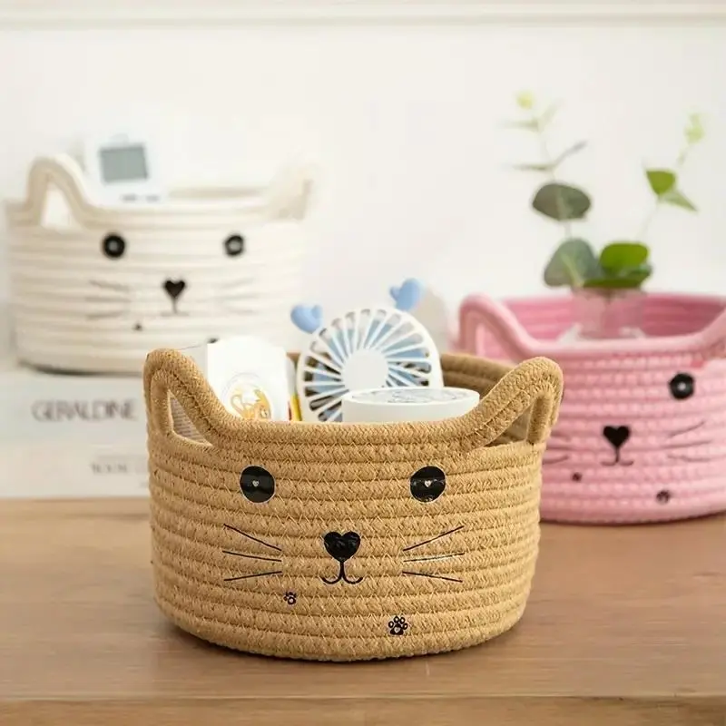 Cute Cat Design Multipurpose Storage Basket, 1 Count Woven Storage Basket, Desktop Snacks and Miscellaneous Items Storage Basket, Home Organization and Storage Supplies, Home Organizer