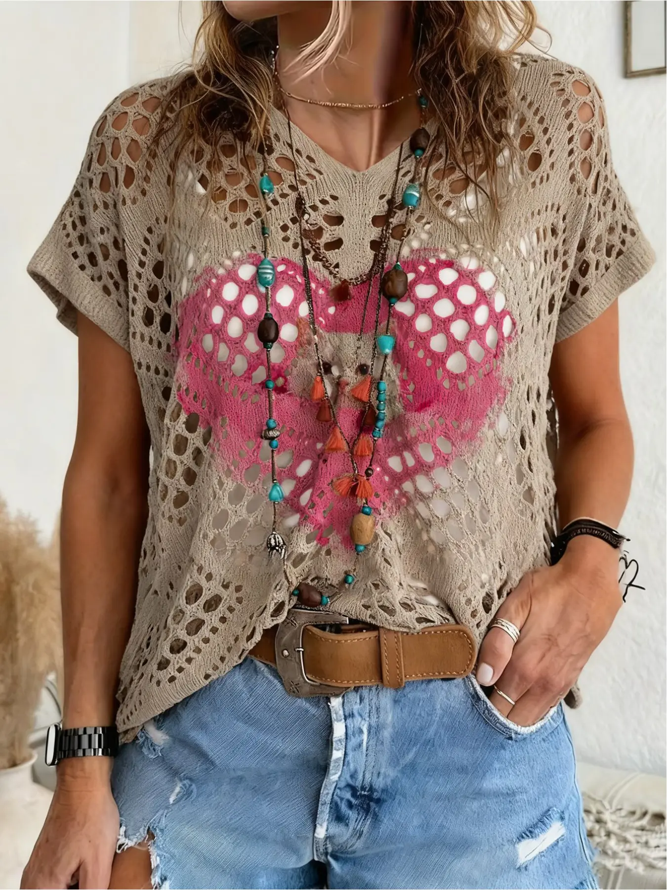 Spring/Summer style, V-neck diamond hollow out loose batwing short-sleeve cover-up, contrast color love heart & animal print women's knitted top, vacation style, casual, bikini cover-up, Swimsuit cover up, Bohemian beach vaca