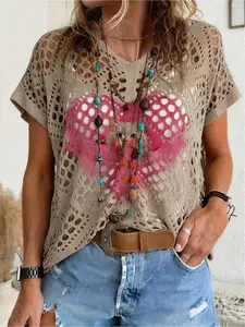 Spring/Summer style, V-neck diamond hollow out loose batwing short-sleeve cover-up, contrast color love heart & animal print women's knitted top, vacation style, casual, bikini cover-up, Swimsuit cover up, Bohemian beach vaca