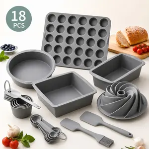 18-Piece Silicone Baking Pan Set, With Baking Pan Cake Molds, Fluted Pans, Muffin Pan, Nonstick Cake Pan, Measuring Cups and Spoons  - Non-Stick & Easy Clean Silicone Muffin Pans for Baking, Flexible Cake Molds, For Muffin, Cake, Bread