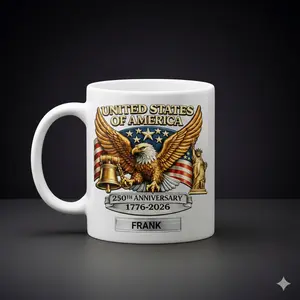 Personalized USA 250th Anniversary Coffee Mug 11oz or 15oz | UV Printed Patriotic Eagle Design | Custom Name Mug 1776–2026