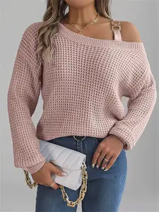 Women's Fall Winter Cold Shoulder Lantern Sleeve Sweater Top, Metal Button Patchwork Design, Long Sleeve Pullover for Casual Wear, Knitwear