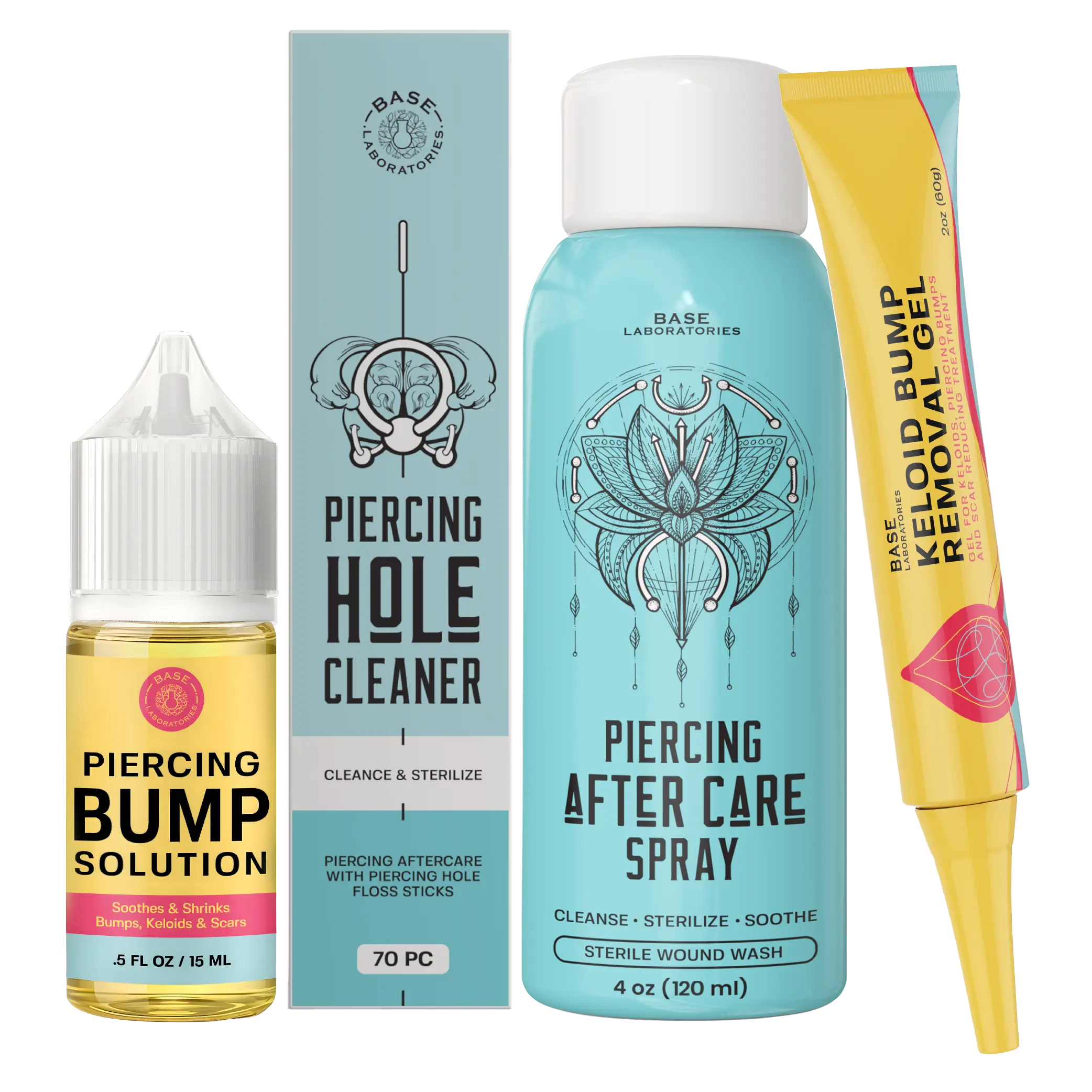 Bump Emergency 4-Pack – Piercing Aftercare Kit with Saline Spray + Bump Oil + Keloid Gel + Hole Cleaner for Nose & Ear Piercing Bumps