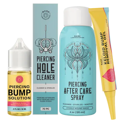 Bump Emergency 4-Pack – Piercing Aftercare Kit with Saline Spray + Bump Oil + Keloid Gel + Hole Cleaner for Nose & Ear Piercing Bumps