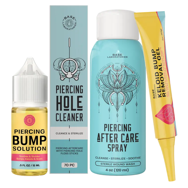 Bump Emergency 4-Pack – Piercing Aftercare Kit with Saline Spray + Bump Oil + Keloid Gel + Hole Cleaner for Nose & Ear Piercing Bumps