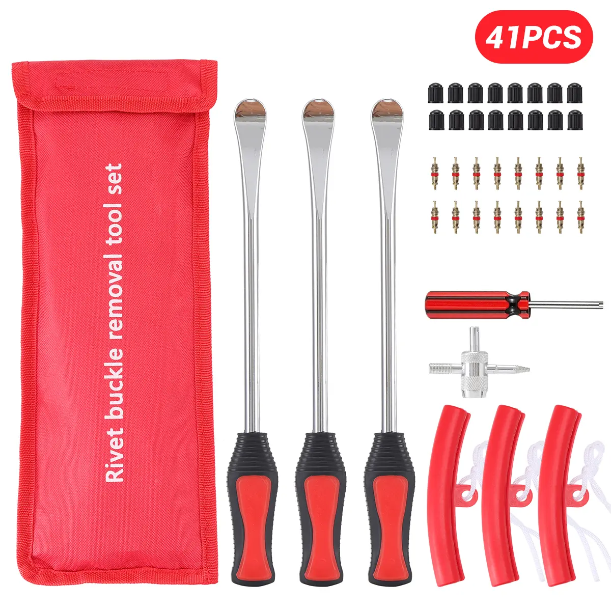 41-Piece Tire Spoon Tool Set , Premium Tire Iron Kit with  Levers for Motorcycles, Dirt Bikes, and Lawn Mowers, Including Rim Protectors, Valve Tools, and Accessories
