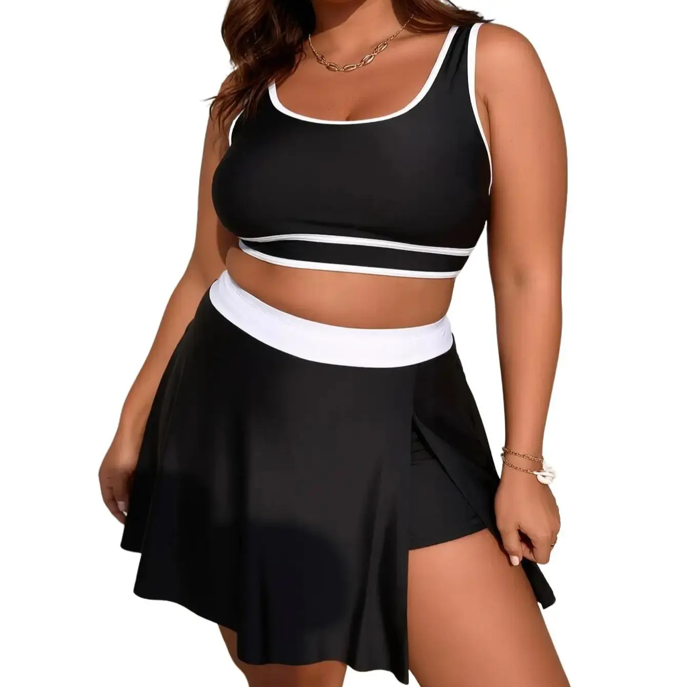 Women's Plus Size Friendly 2-Piece Beachwear Swimsuit Set - Sporty Crop Top, High-Waisted Skirted Bottom, Tummy Control Bikini Set, Colorblock Bikinis Set